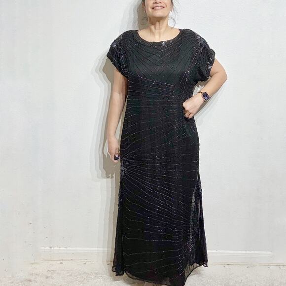 Laurence Kazar New York Dresses & Skirts - Laurence Kazar New York Black Silk Beaded Vintage Maxi Gown Sz 3X